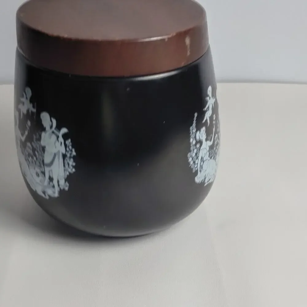 Vintage Ceramic Jar Canister Black White Brown Classical Scene Wood Lid Italy